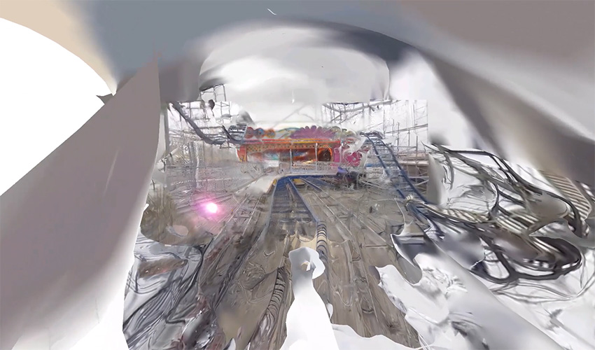 still from a video from YouTube reprocessed through photogrammetry featuring an abstract scene of grays and some red